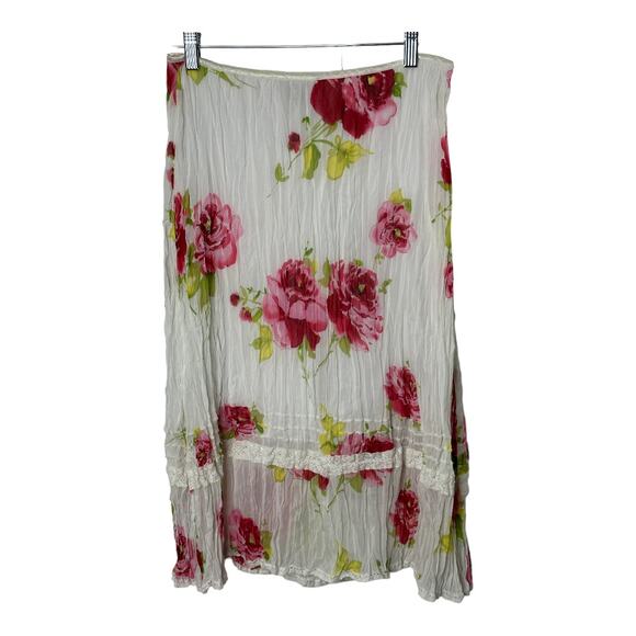 Y2K Guess White Pull-On Midi Skirt Red & Pink Roses Lace Trim Women's Medium - Picture 1 of 9